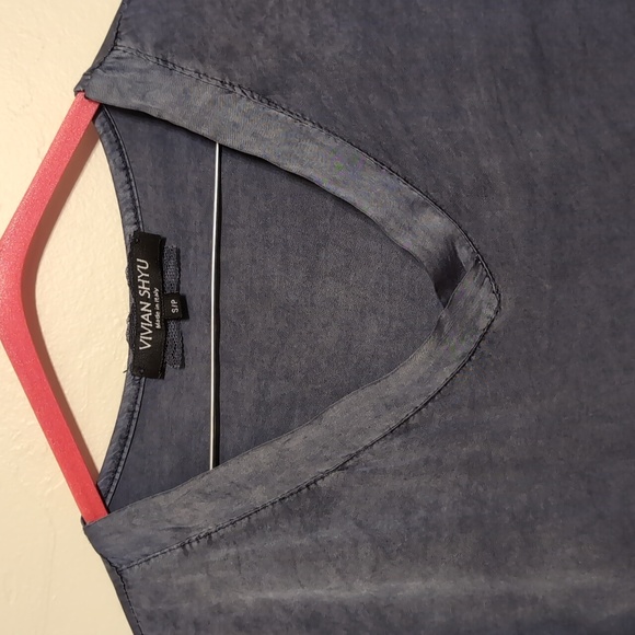 Vivian Shyu Silk steel-blue evening top w/ diagonal ruffle - Picture 3 of 7